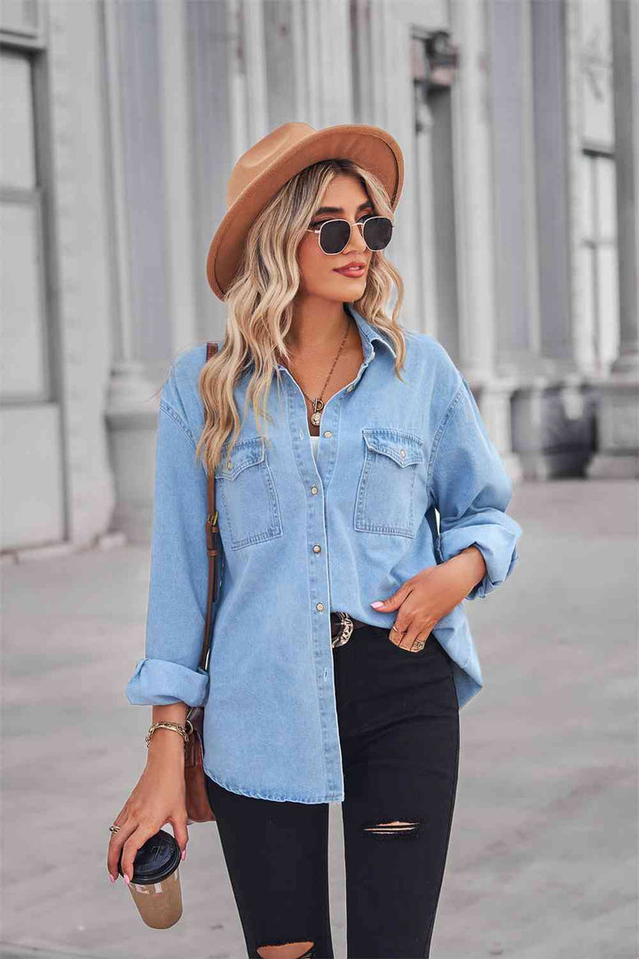 Collared Neck Dropped Shoulder Denim Top | 1mrk.com