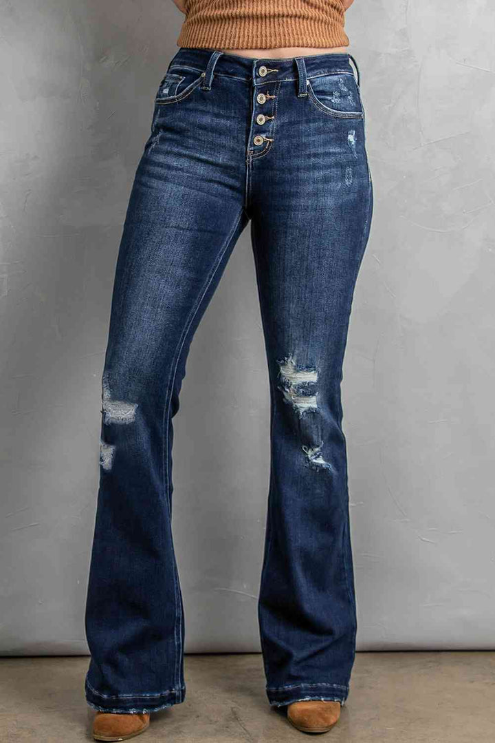 Button Fly Distressed Bootcut Jeans | 1mrk.com