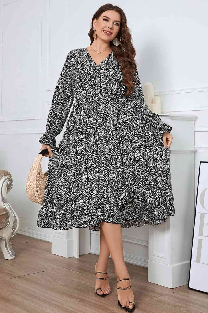 Melo Apparel Plus Size Printed V-Neck Flounce Sleeve Midi Dress |1mrk.com