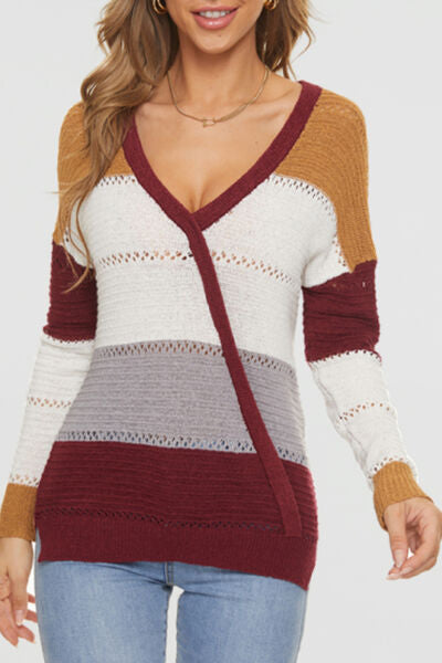 Eyelet Surplice Dropped Shoulder Sweater |1mrk.com