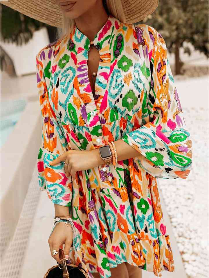 Printed Buttoned Long Sleeve Dress |1mrk.com