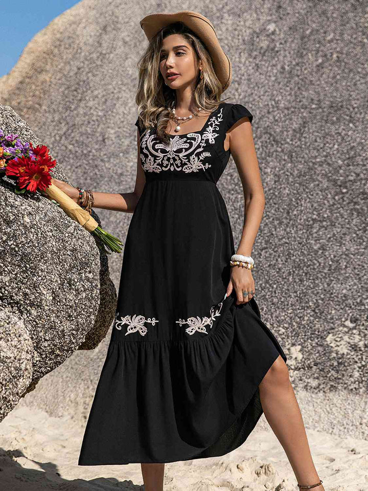 Embroidered Square Neck Ruffle Hem Dress | 1mrk.com