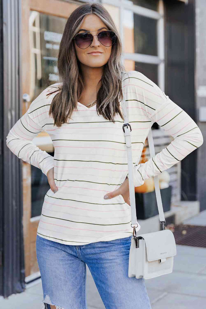 Striped Dropped Shoulder V-Neck Top | 1mrk.com