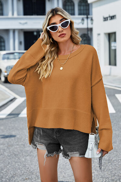 High-Low Slit Round Neck Long Sleeve Sweater | Trendsi