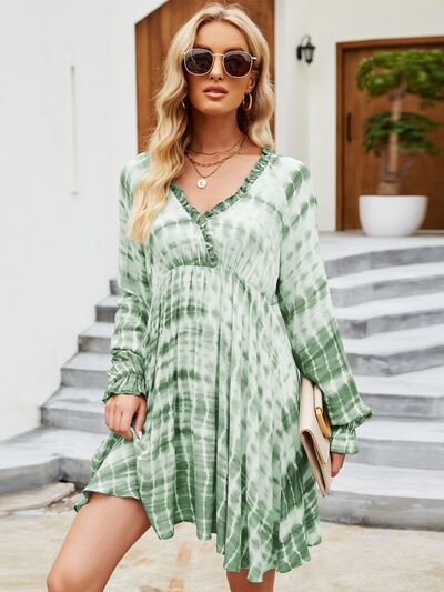 Tie-Dye Surplice Flounce Sleeve Mini Dress | 1mrk.com