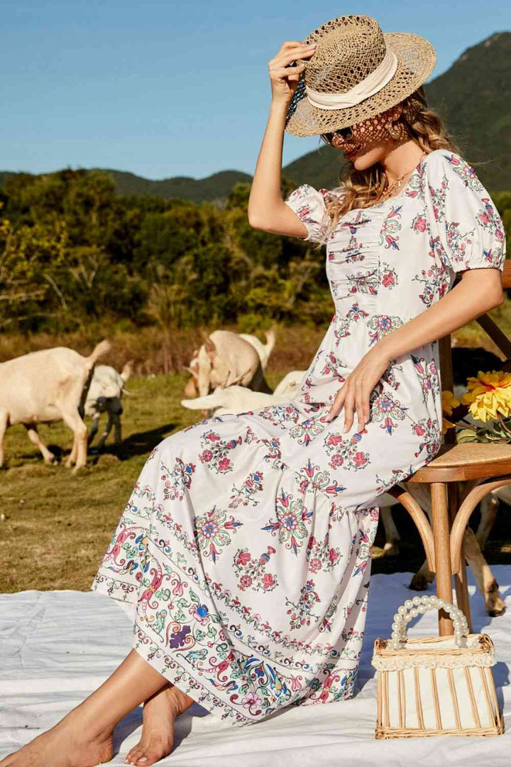 Floral Ruched Puff Sleeve Tiered Maxi Dress | 1mrk.com