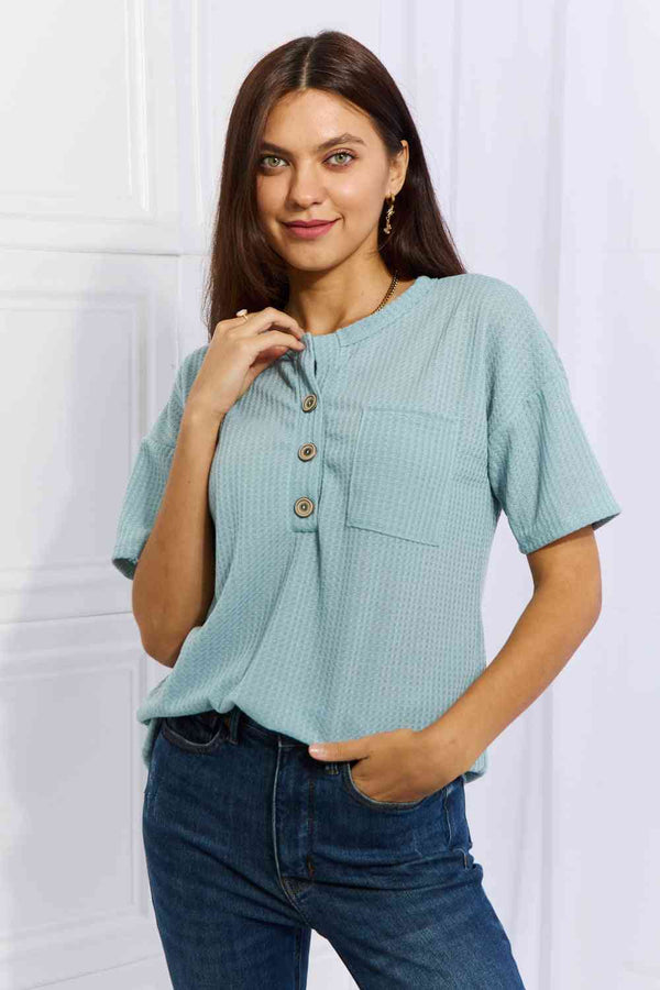 Heimish Made For You Full Size 1/4 Button Down Waffle Top in Blue | 1mrk.com