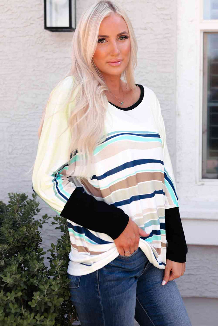 Striped Round Neck Long Sleeve Top | 1mrk.com