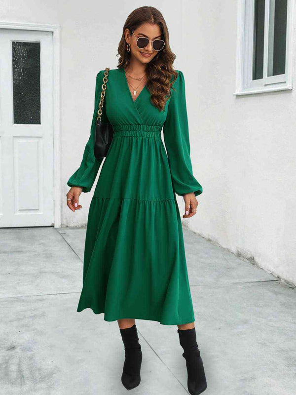 Surplice Neck Long Sleeve Midi Dress | 1mrk.com