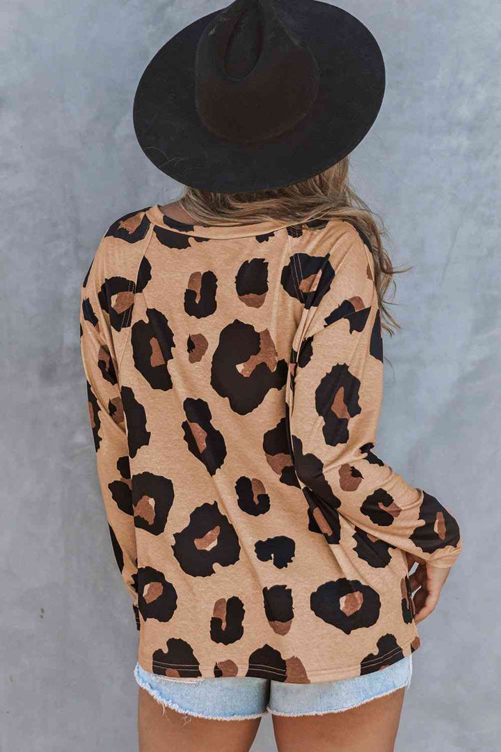 Full Size Leopard Print Round Neck Long Sleeve Tee | 1mrk.com