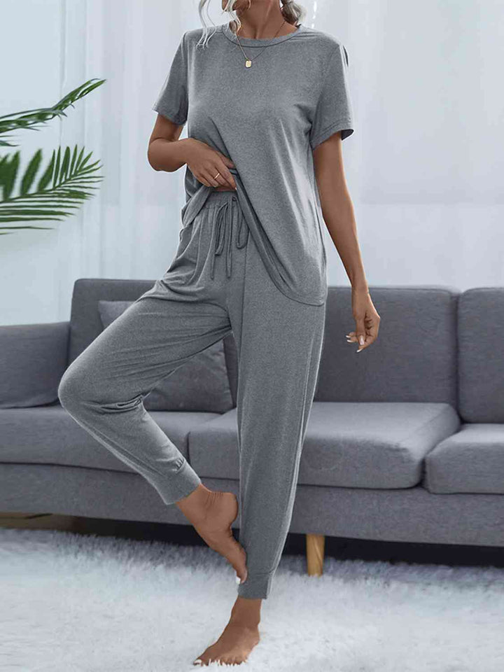 Round Neck Short Sleeve Top and Pants Set | 1mrk.com