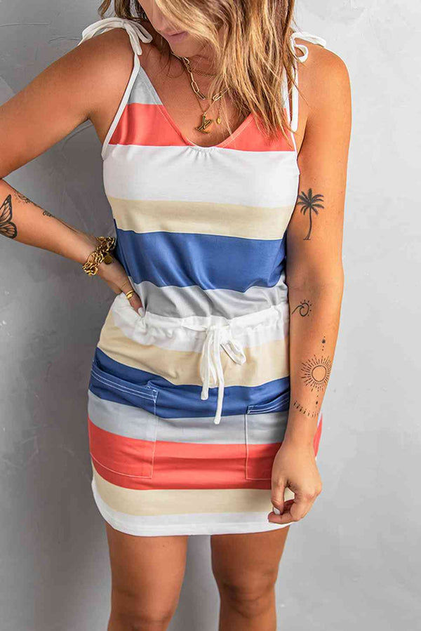 Striped Drawstring Waist Tie-Shoulder Mini Dress |1mrk.com