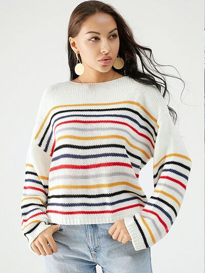 Striped Round Neck Dropped Shoulder Sweater |1mrk.com