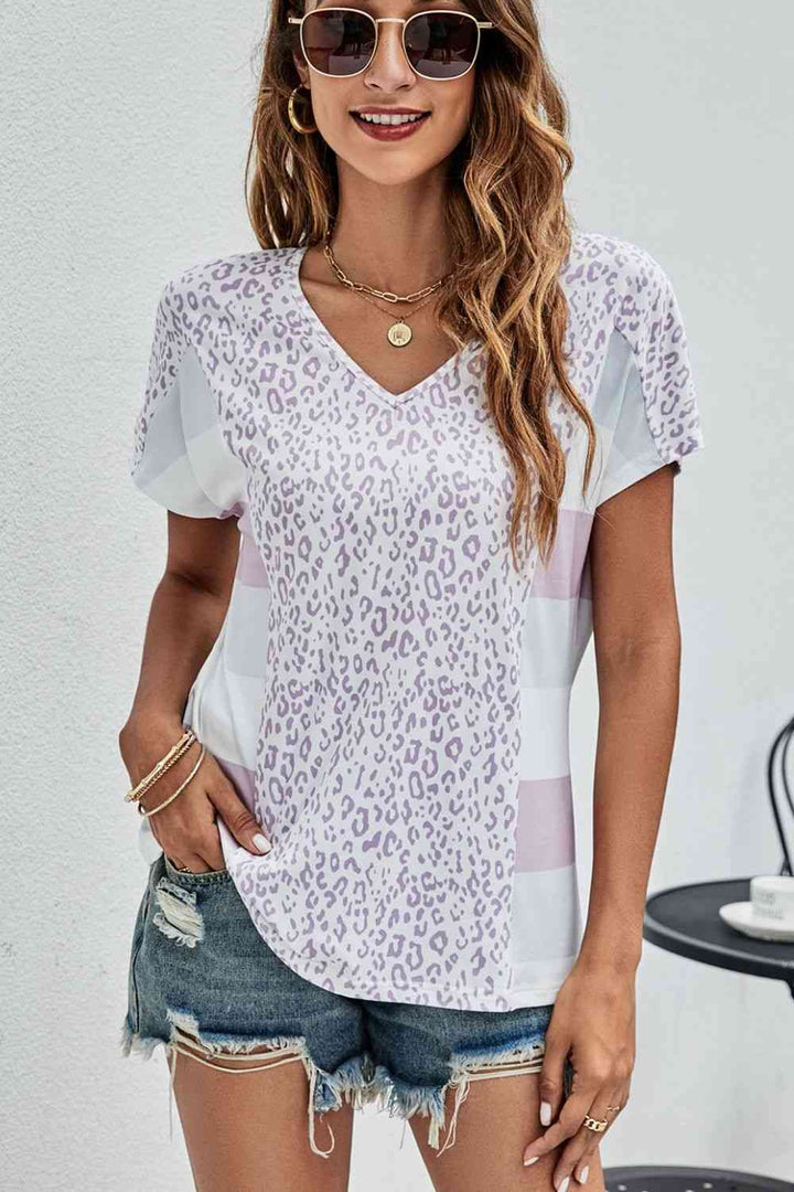 Leopard Striped V-Neck Tee Shirt | 1mrk.com