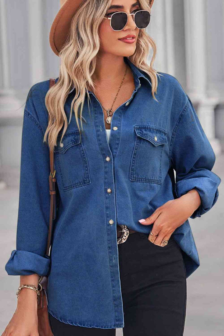 Collared Neck Dropped Shoulder Denim Top | 1mrk.com