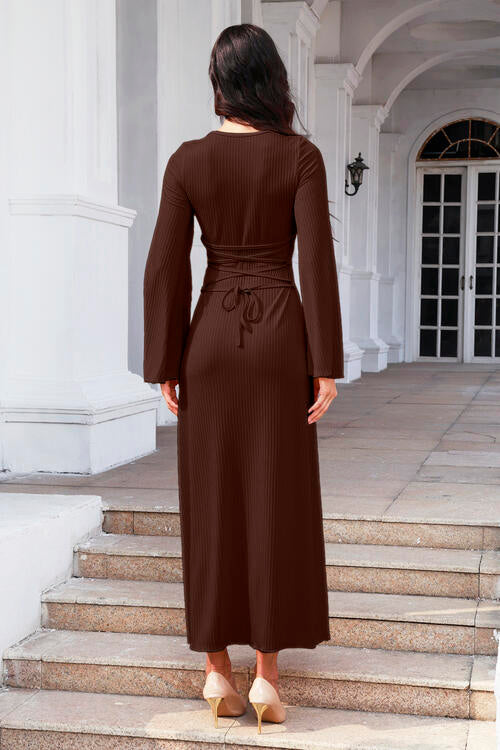 Tie Back Ribbed Round Neck Long Sleeve Dress | 1mrk.com