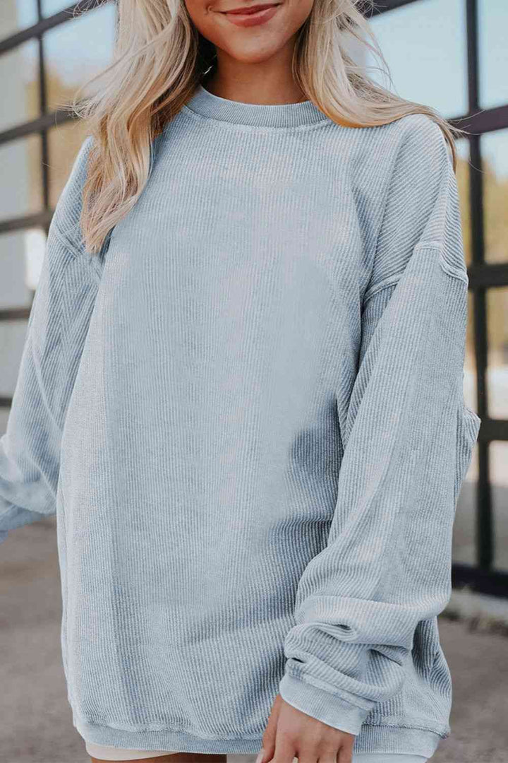 Ribbed Round Neck Drop Shoulder Sweatshirt |1mrk.com