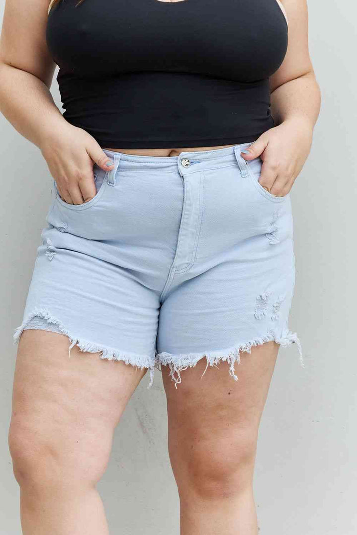 RISEN Katie Full Size High Waisted Distressed Shorts in Ice Blue | 1mrk.com