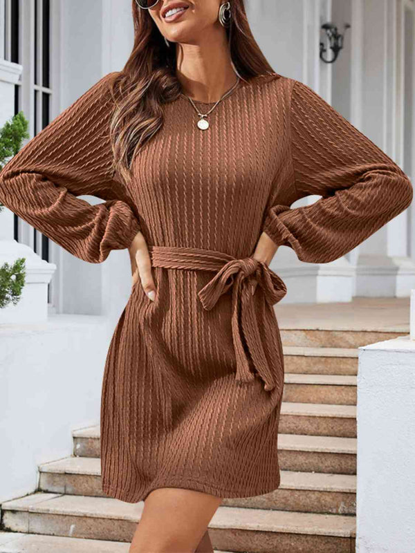 Round Neck Tie Front Long Sleeve Dress | 1mrk.com