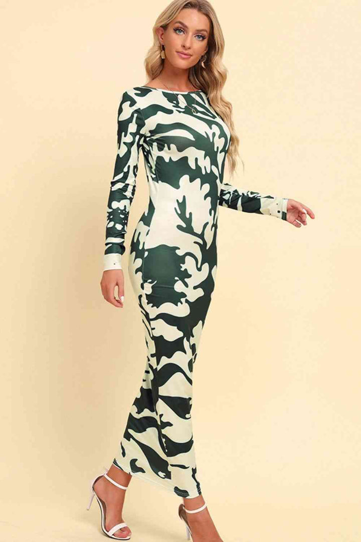 Printed Backless Long Sleeve Maxi Dress |1mrk.com