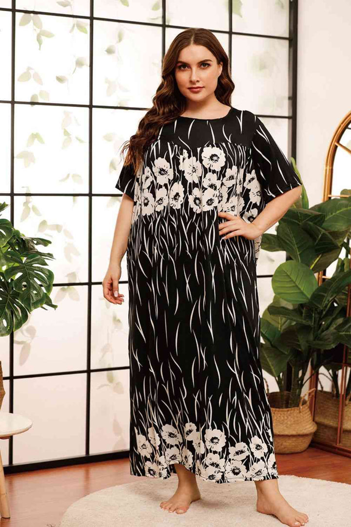 Plus Size Floral Round Neck Half Sleeve Maxi Dress |1mrk.com