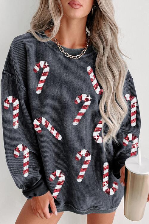 Sequin Candy Cane Round Neck Sweatshirt |1mrk.com