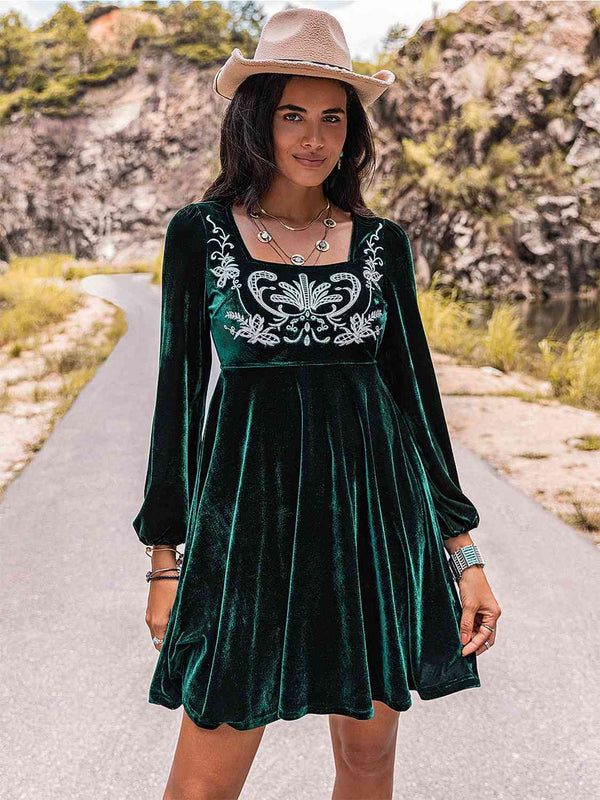 Embroidered Square Neck Long Sleeve Dress | 1mrk.com