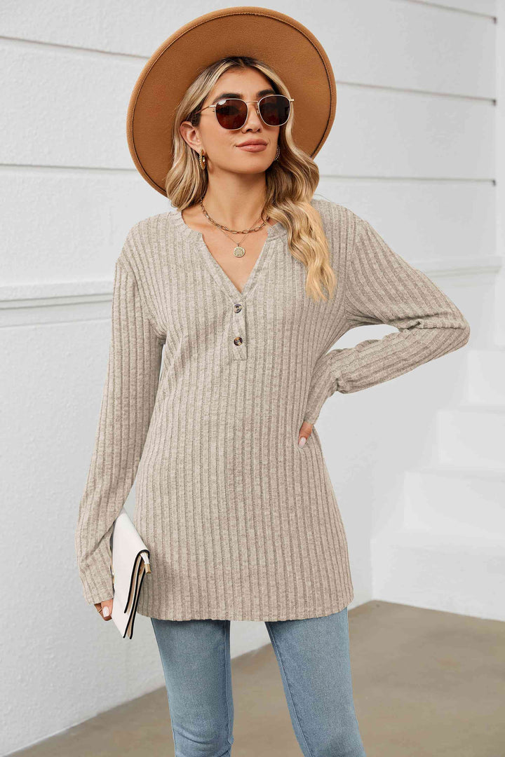 Notched Neck Ribbed Long Sleeve T-Shirt | 1mrk.com