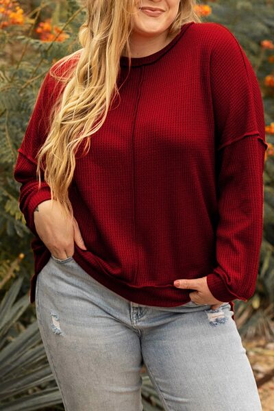 Plus Size Exposed Seam Waffle-Knit High-Low Sweatshirt |1mrk.com