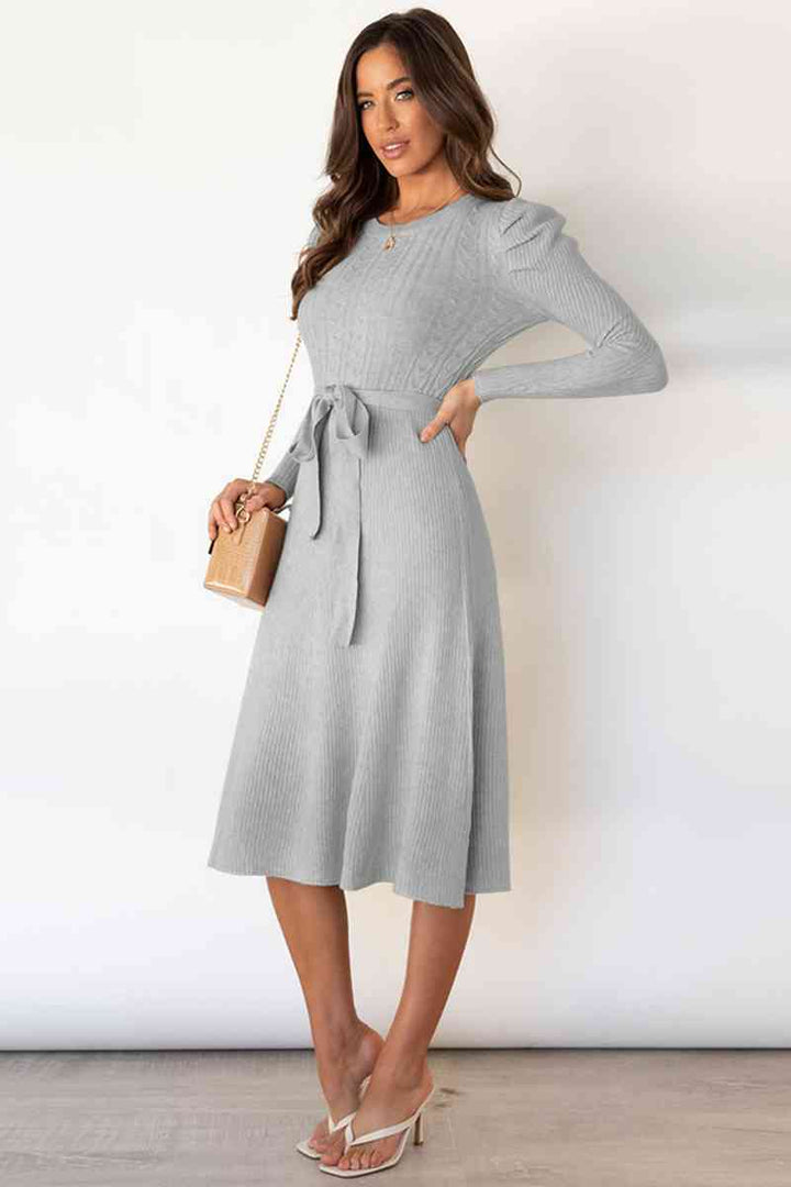 Round Neck Long Sleeve Tie Waist Sweater Dress | 1mrk.com