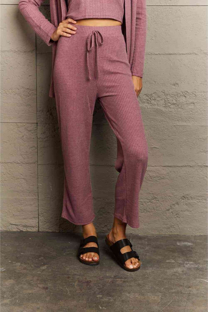 Ninexis Full Size Cropped Top, Long Pants and Cardigan Lounge Set | 1mrk.com