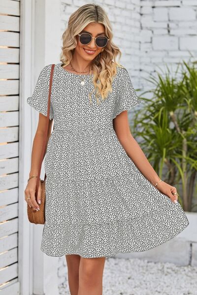 Polka Dot Round Neck Tiered Dress |1mrk.com