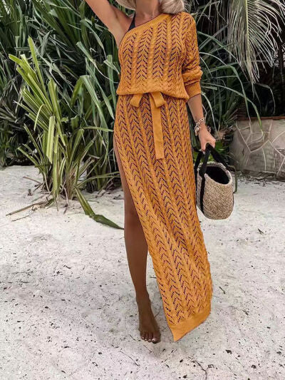 Slit Openwork Single Shoulder Knit Dress |1mrk.com