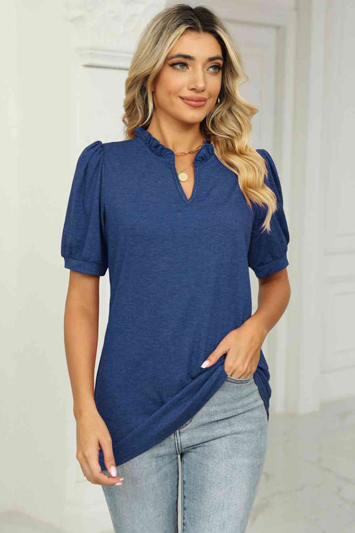 Notched Neck Puff Sleeve T-Shirt | 1mrk.com