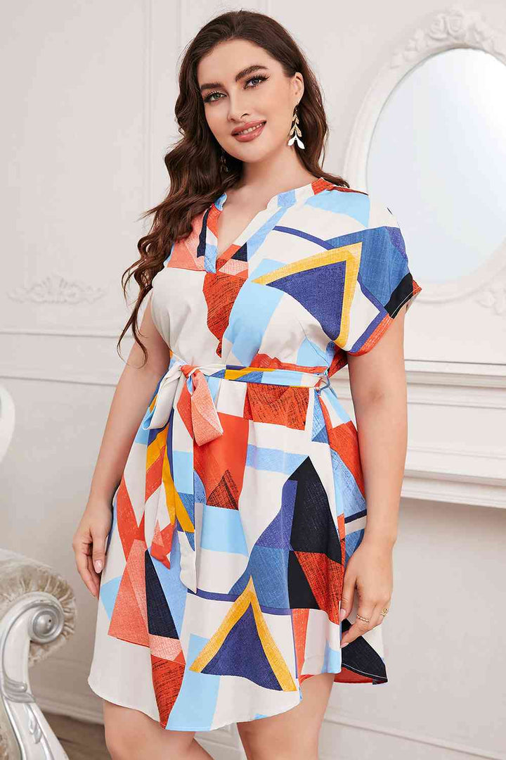 Plus Size Notched Neck Tie Waist Dress |1mrk.com