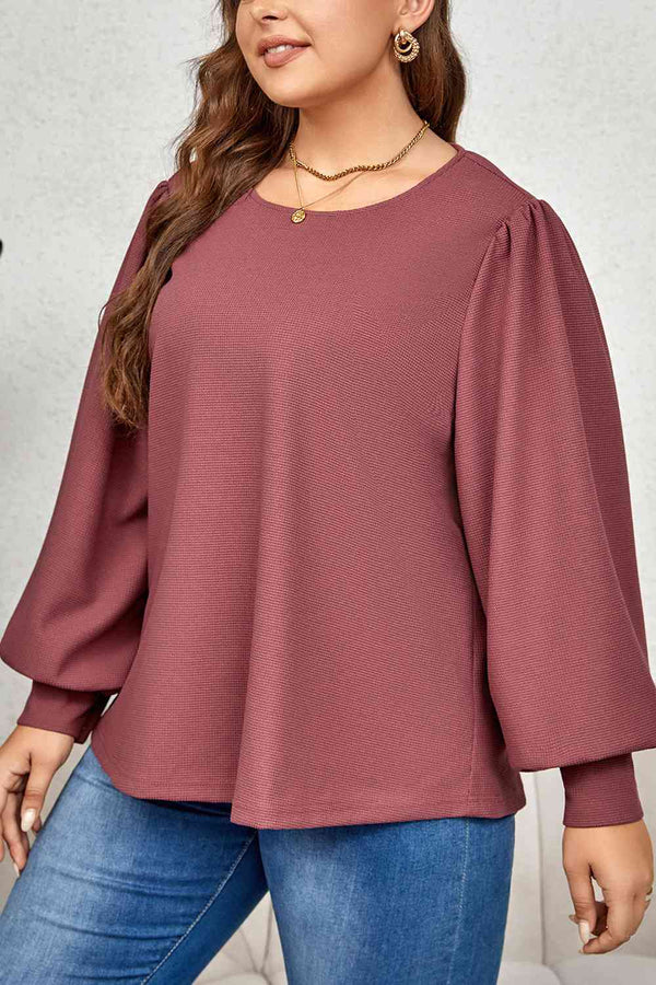 Plus Size Round Neck Puff Sleeve Top |1mrk.com