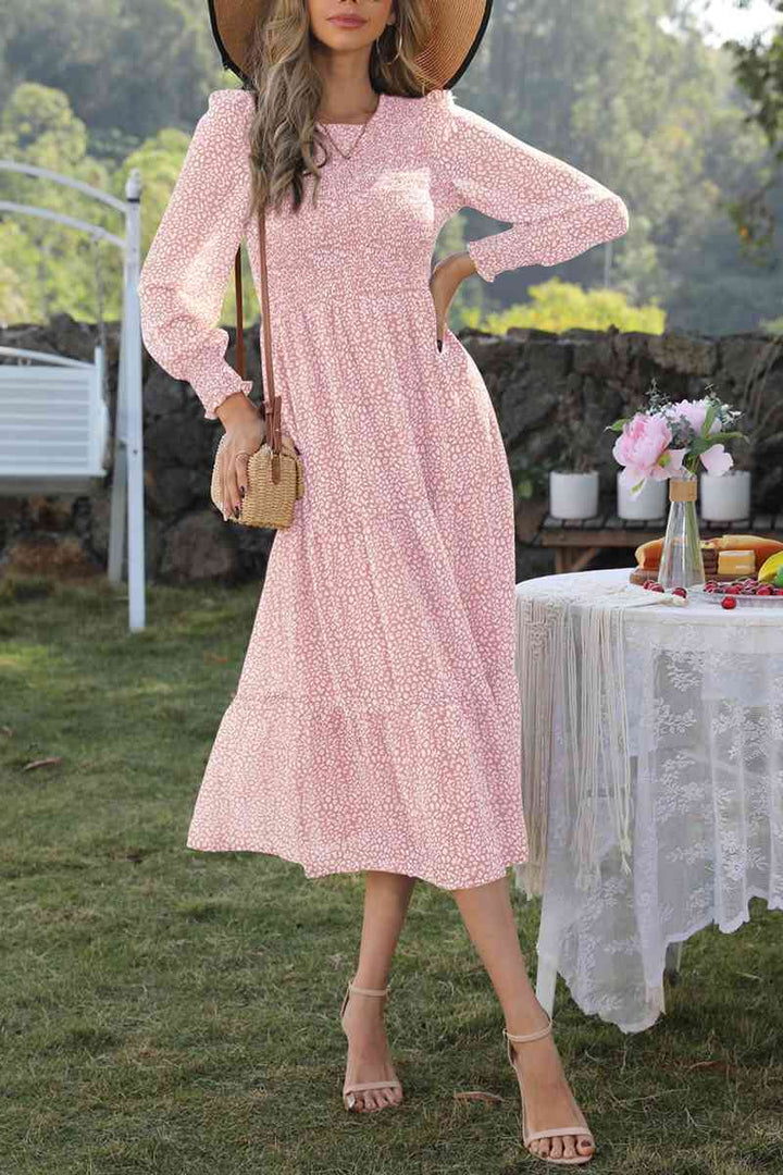 Round Neck Lantern Sleeve Midi Dress | 1mrk.com