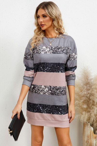 Striped Round Neck Dropped Shoulder Dress |1mrk.com