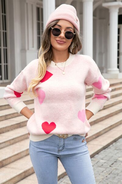 Heart Round Neck Droppped Shoulder Sweater |1mrk.com