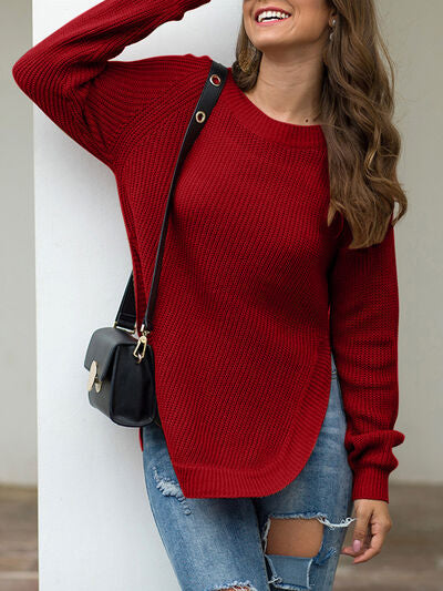 Slit Round Neck Long Sleeve Sweater |1mrk.com