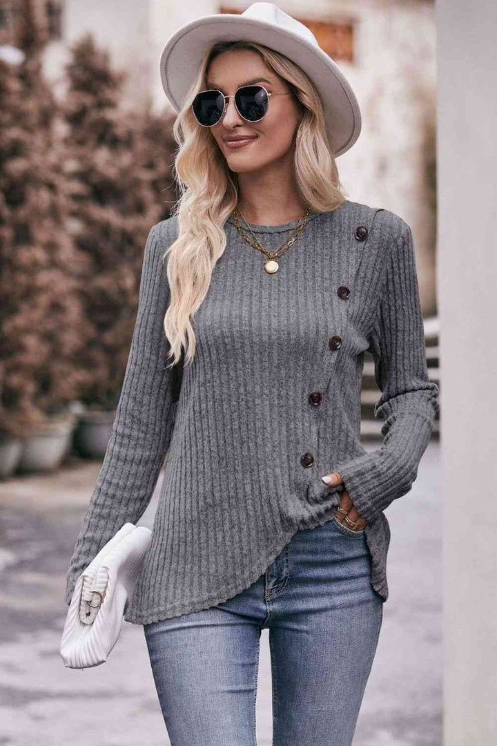 Double Take Ribbed Round Neck Buttoned Long Sleeve Tee | 1mrk.com
