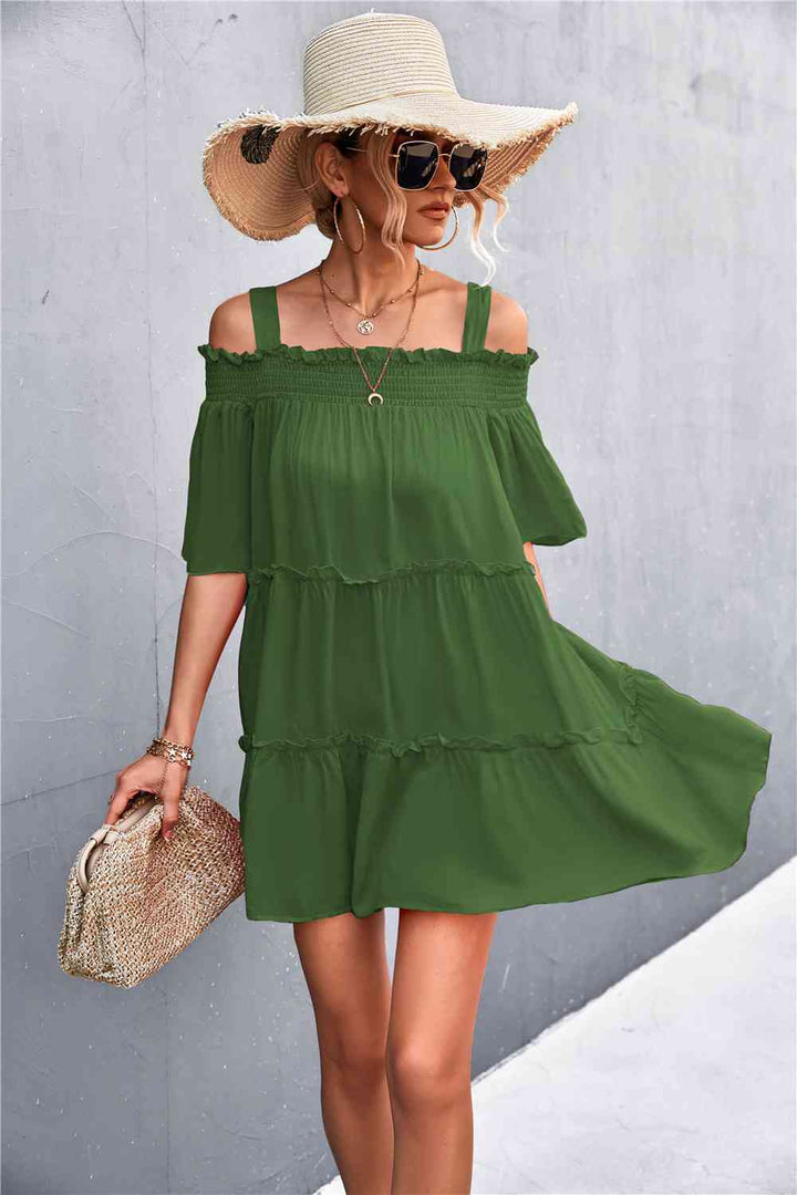 Cold-Shoulder Frill Trim Tiered Dress |1mrk.com