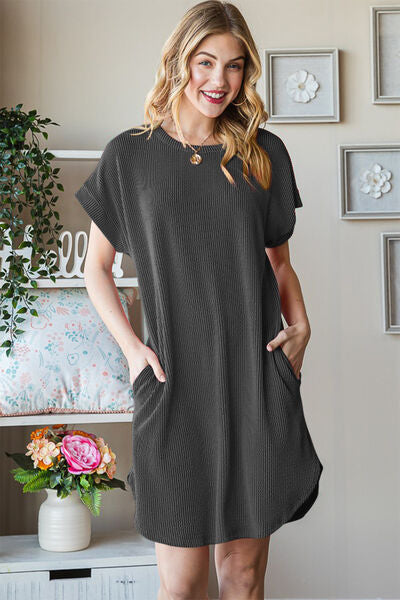 Heimish Full Size Ribbed Round Neck Short Sleeve Tee Dress |1mrk.com