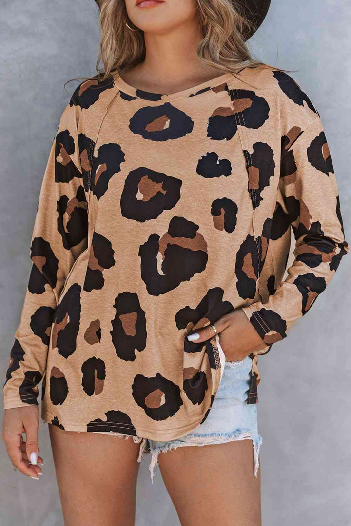 Full Size Leopard Print Round Neck Long Sleeve Tee | 1mrk.com