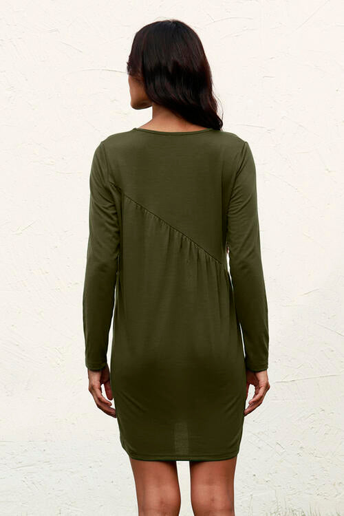 Ruched Round Neck Long Sleeve Dress | 1mrk.com