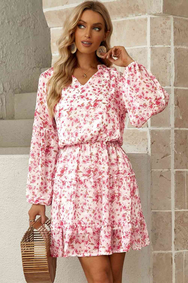 Floral Frill Trim Puff Sleeve Notched Neck Dress |1mrk.com