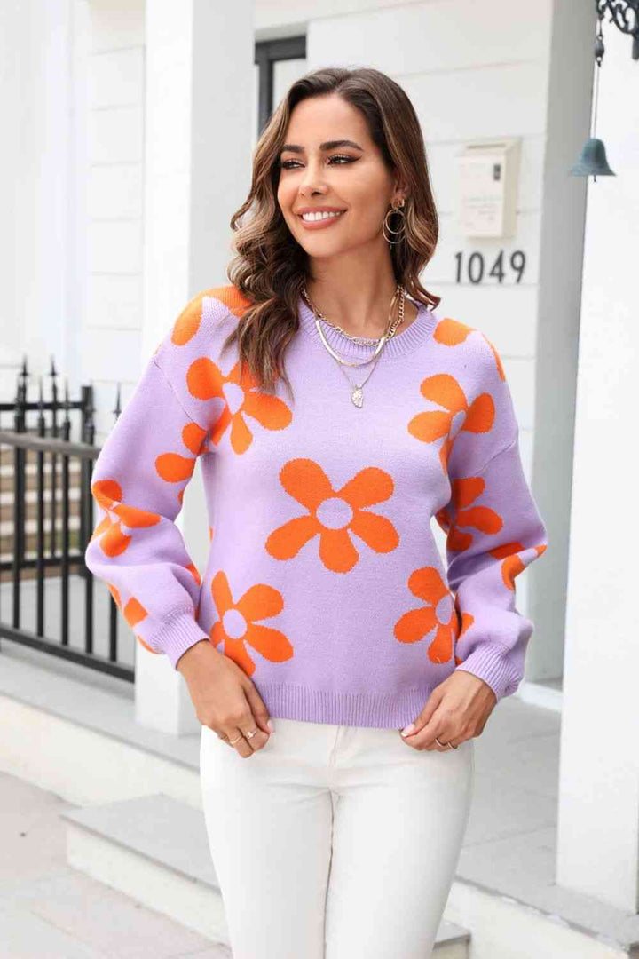 Floral Print Round Neck Dropped Shoulder Pullover Sweater |1mrk.com