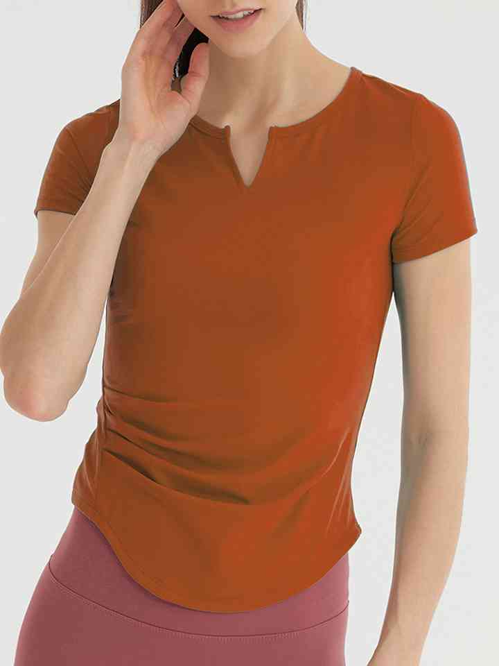 Notched Neck Short Sleeve Active Top | 1mrk.com