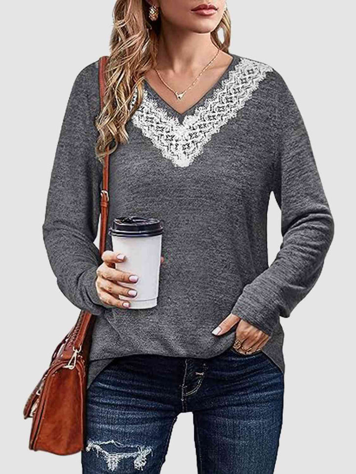 Lace Detail V-Neck Long Sleeve Top | 1mrk.com