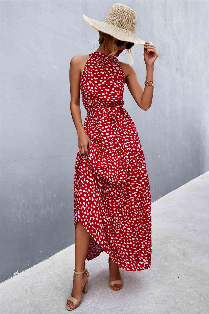 Printed Sleeveless Tie Waist Maxi Dress |1mrk.com